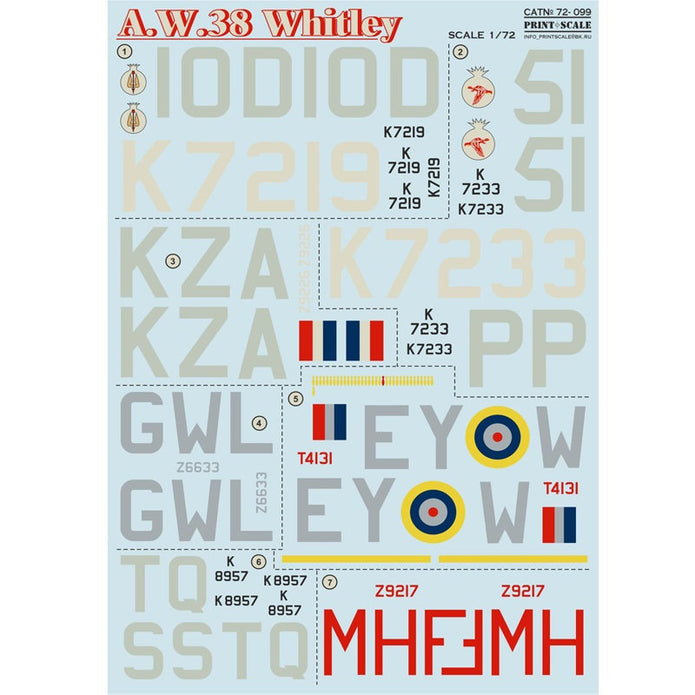 Print Scale 72-099 Decal 1:72 Armstrong Whitworth A.W.38 Whitley The complete set 2 leaf