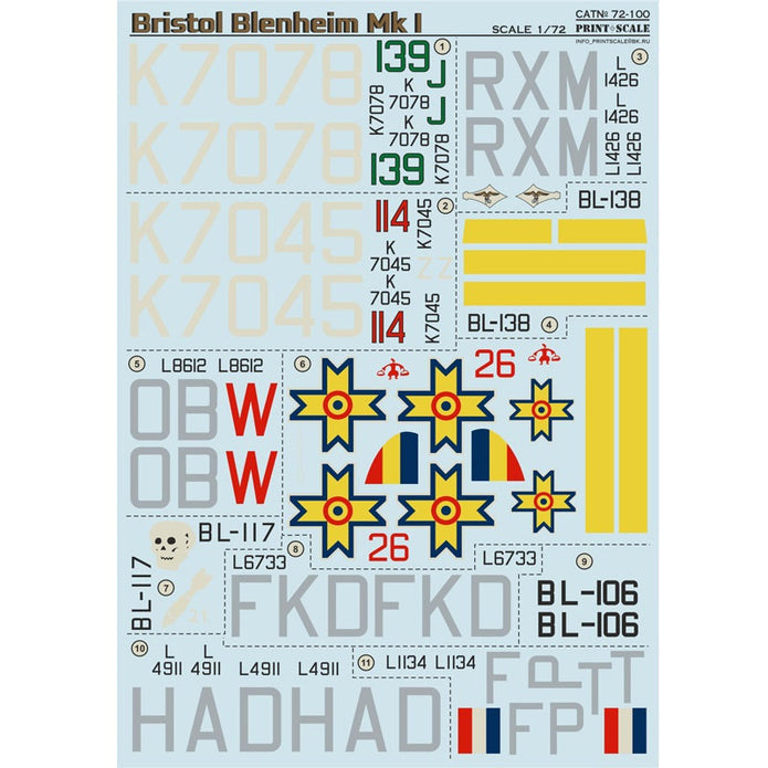 Print Scale 72-100 Decal Bristol Blenheim The complete set 2 leaf Scale 1:72 for Aircraft Plastic model kit