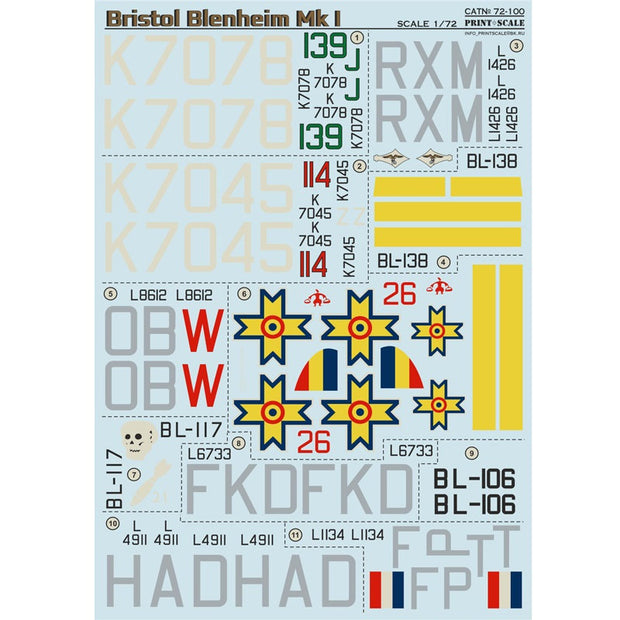 Print Scale 72-100 Decal Bristol Blenheim The complete set 2 leaf Scale 1:72 for Aircraft Plastic model kit