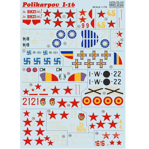 Print Scale 72-101 Decal Polikarpov I-16 Scale 1:72 for Aircraft Plastic model kit