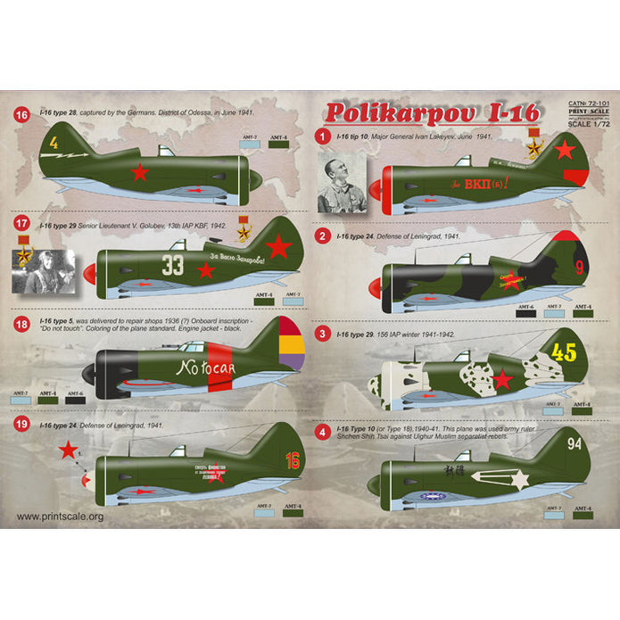 Print Scale 72-101 Decal Polikarpov I-16 Scale 1:72 for Aircraft Plastic model kit