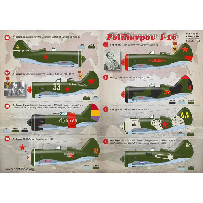 Print Scale 72-101 Decal Polikarpov I-16 Scale 1:72 for Aircraft Plastic model kit