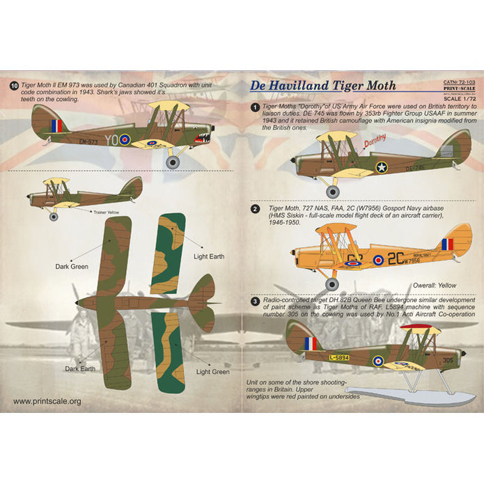 Print Scale 72-103 Decal De Havilland DH.82 Tiger Moth Scale 1:72 for Aircraft Plastic model kit