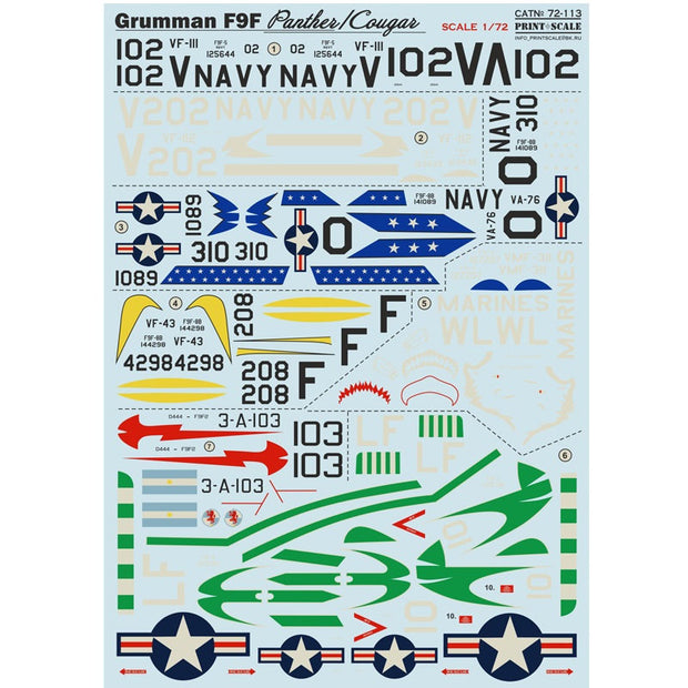 Print Scale 72-113 Decal Grumman F9F Panther Scale 1:72 for Aircraft Plastic model kit