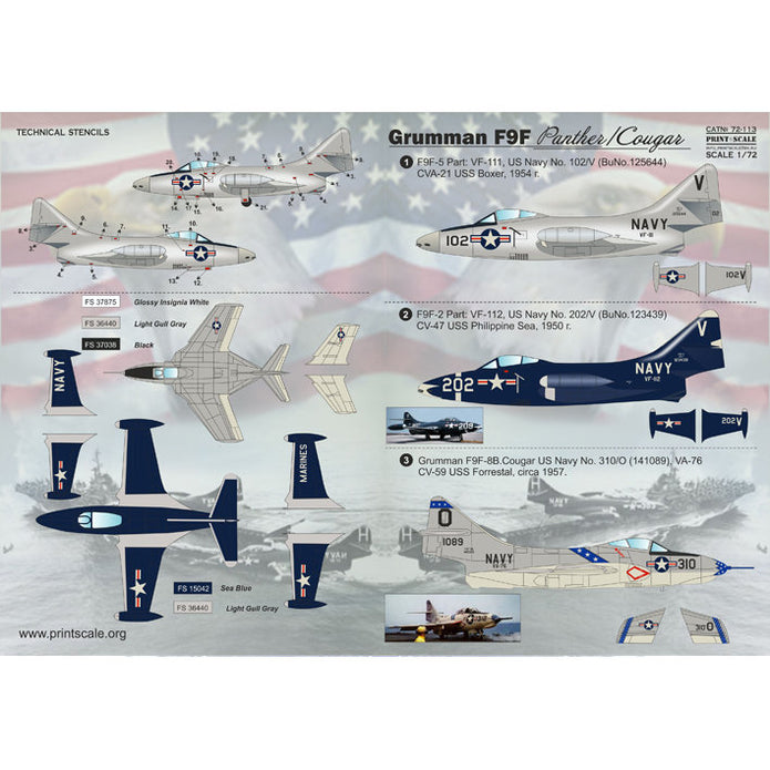 Print Scale 72-113 Decal Grumman F9F Panther Scale 1:72 for Aircraft Plastic model kit