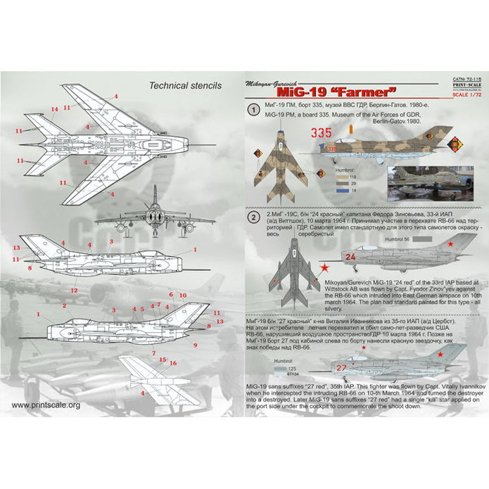 Print Scale 72-115 Decal MIG-19 Farmer Scale 1:72 for Aircraft Plastic model kit