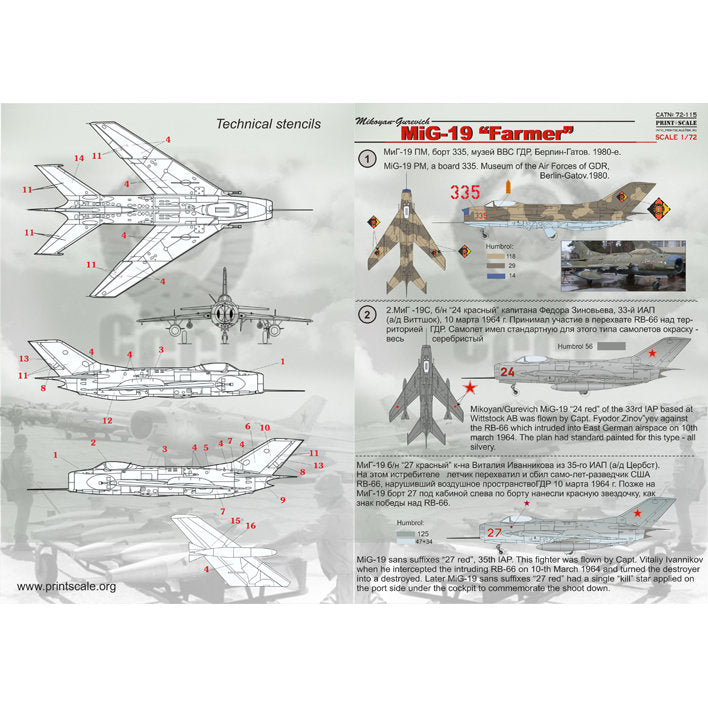 Print Scale 72-115 Decal MIG-19 Farmer Scale 1:72 for Aircraft Plastic model kit