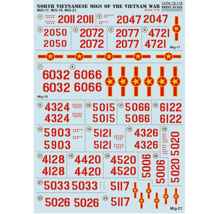 Print Scale 72-116 Decal 1:72 North Vietnamese MIGs (Mig 17 Mig 19 Mig 21) of the Vietnam War