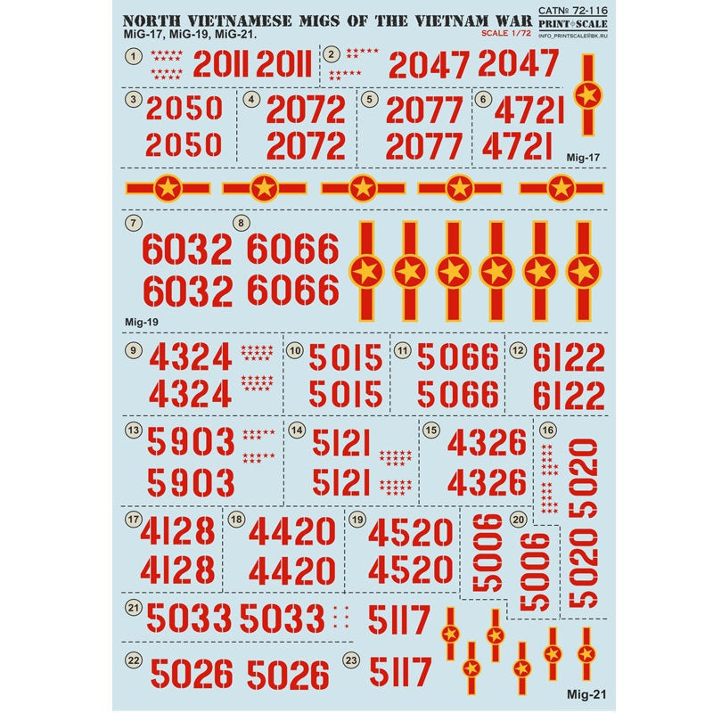 Print Scale 72-116 Decal 1:72 North Vietnamese MIGs (Mig 17 Mig 19 Mig 21) of the Vietnam War