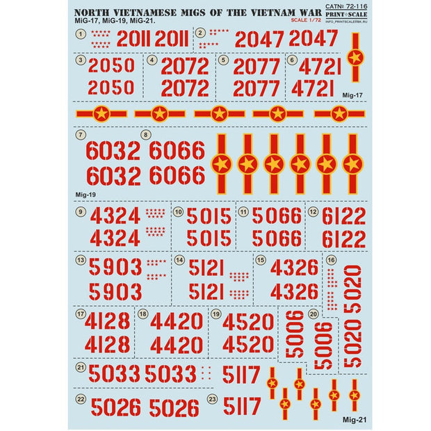 Print Scale 72-116 Decal 1:72 North Vietnamese MIGs (Mig 17 Mig 19 Mig 21) of the Vietnam War