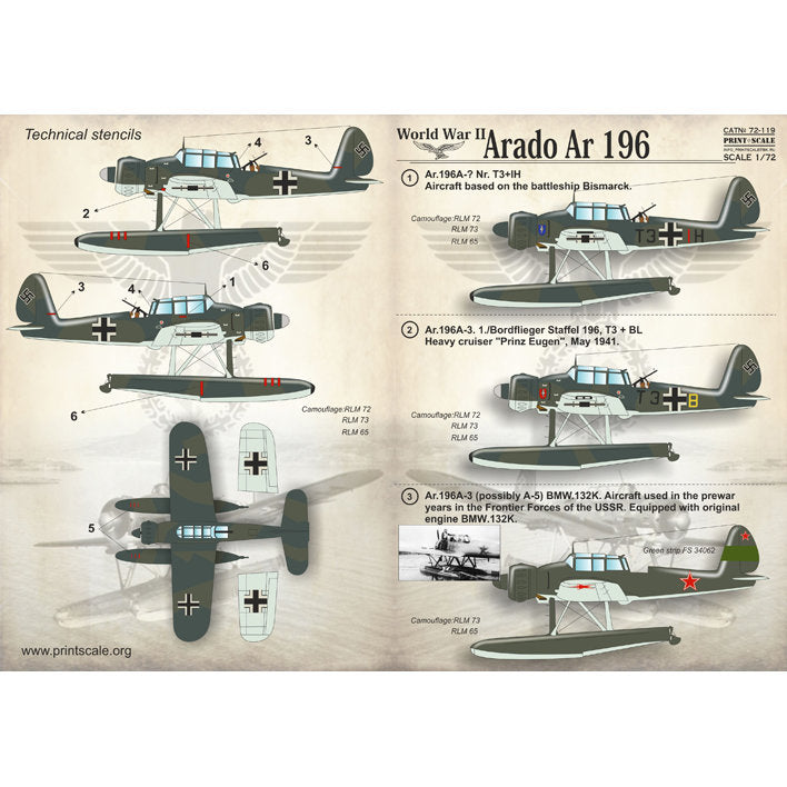 Print Scale 72-119 Decal Arado Ar 196 Scale 1:72 for Aircraft Plastic model kit