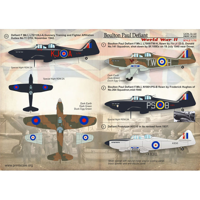 Print Scale 72-120 Decal Boulton Paul Defiant Scale 1:72 for Aircraft Plastic model kit