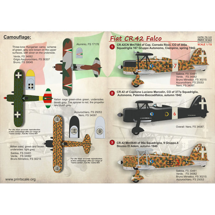 Print Scale 72-121 Decal Fiat CR.42 Falco Scale 1:72 for Aircraft Plastic model kit