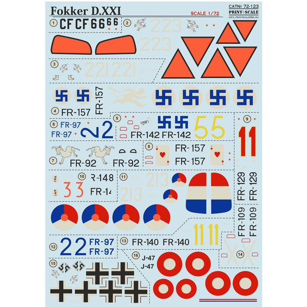 Print Scale 72-123 Decal Fokker D.XXI Scale 1:72 for Aircraft Plastic model kit