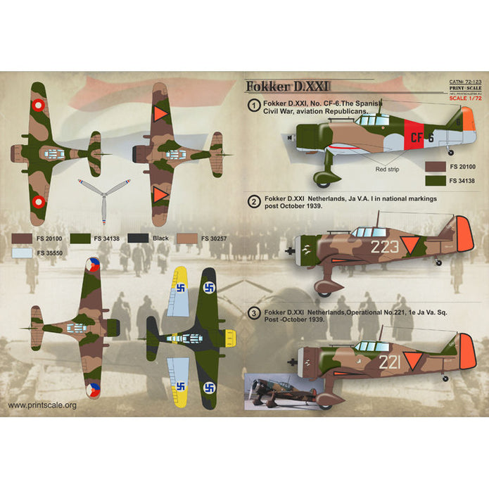 Print Scale 72-123 Decal Fokker D.XXI Scale 1:72 for Aircraft Plastic model kit