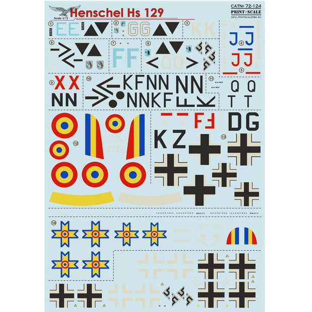 Print Scale 72-124 Decal Henschel Hs 129 Scale 1:72 for Aircraft Plastic model kit