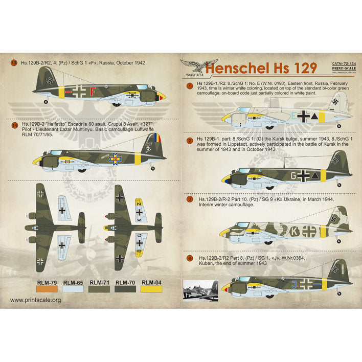 Print Scale 72-124 Decal Henschel Hs 129 Scale 1:72 for Aircraft Plastic model kit