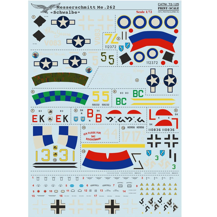 Print Scale 72-125 Decal Messerschmitt Me 262 Schwalbe Scale 1:72 for Aircraft Plastic model kit
