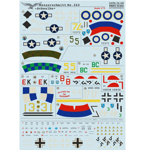 Print Scale 72-125 Decal Messerschmitt Me 262 Schwalbe Scale 1:72 for Aircraft Plastic model kit