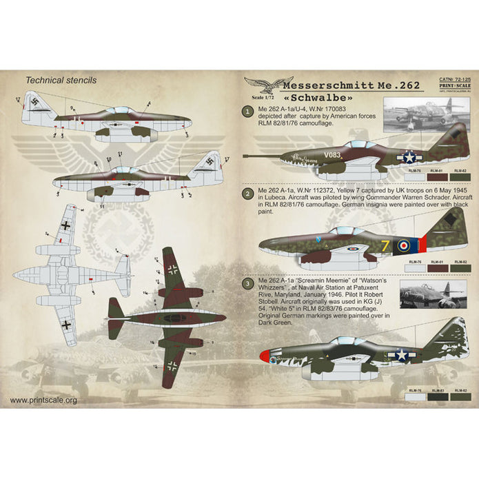 Print Scale 72-125 Decal Messerschmitt Me 262 Schwalbe Scale 1:72 for Aircraft Plastic model kit