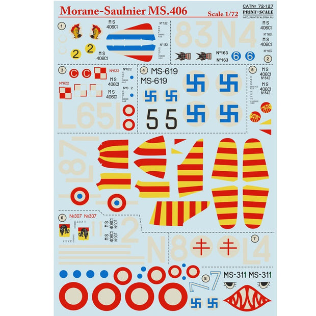 Print Scale 72-127 Decal Morane-Saulnier MS.406 Scale 1:72 for Aircraft Plastic model kit