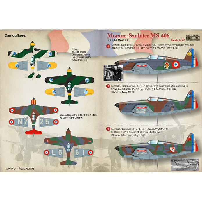 Print Scale 72-127 Decal Morane-Saulnier MS.406 Scale 1:72 for Aircraft Plastic model kit