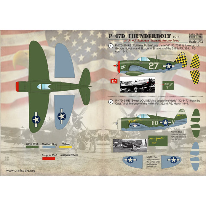Print Scale 72-128 Decal 1:72 P-47D Thunderbolt Razorback Aces over Europe Part 1
