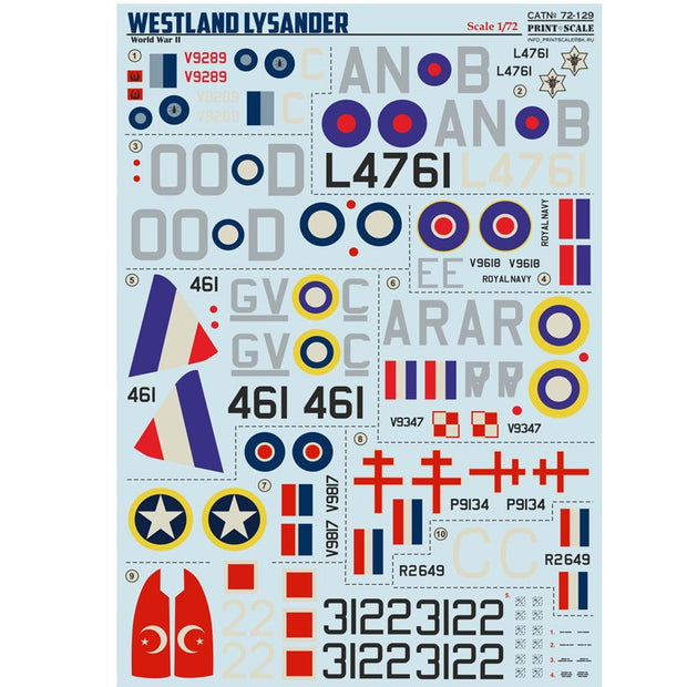 Print Scale 72-129 Decal Westland Lysander Scale 1:72 for Aircraft Plastic model kit