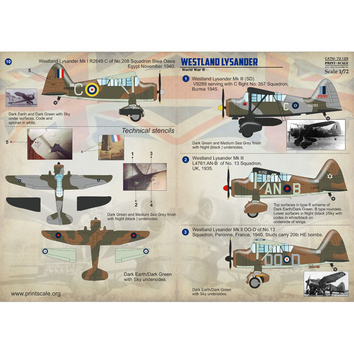 Print Scale 72-129 Decal Westland Lysander Scale 1:72 for Aircraft Plastic model kit