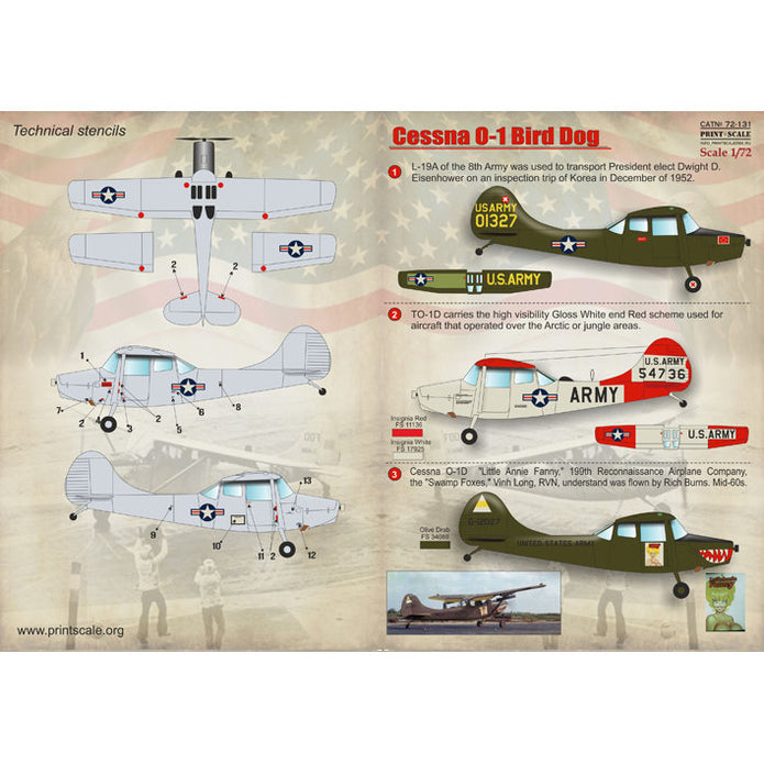 Print Scale 72-131 Decal Cessna O-1 Bird Dog Scale 1:72 for Aircraft Plastic model kit