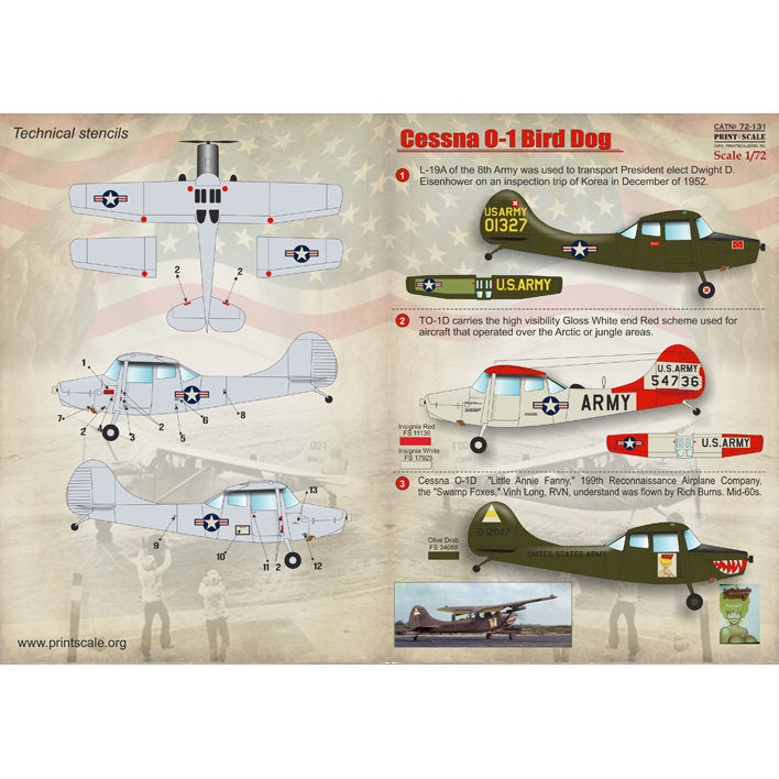 Print Scale 72-131 Decal Cessna O-1 Bird Dog Scale 1:72 for Aircraft Plastic model kit