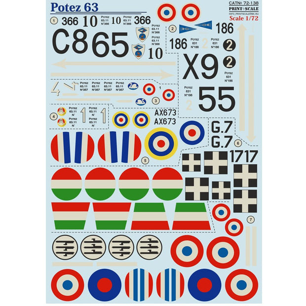 Print Scale 72-138 Decal Potez 63 Scale 1:72 for Aircraft Plastic model kit