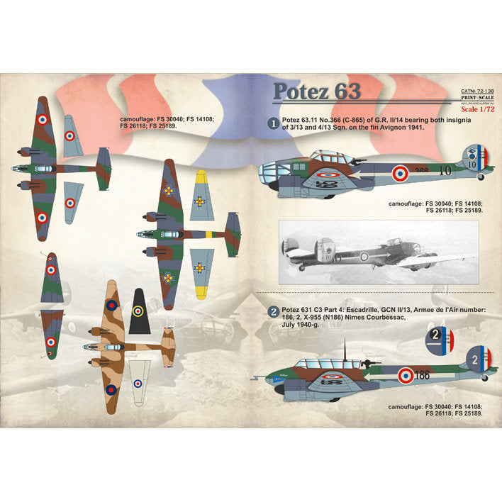 Print Scale 72-138 Decal Potez 63 Scale 1:72 for Aircraft Plastic model kit