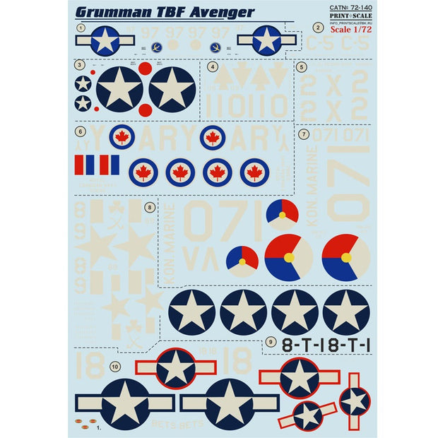 Print Scale 72-140 Decal Grumman TBF Avenger Scale 1:72 for Aircraft Plastic model kit
