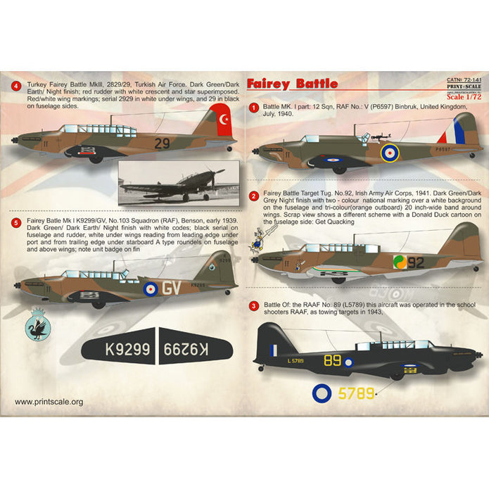 Print Scale 72-141 Decal Fairey Battle Scale 1:72 for Aircraft Plastic model kit