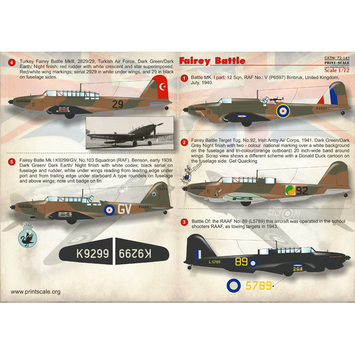 Print Scale 72-141 Decal Fairey Battle Scale 1:72 for Aircraft Plastic model kit