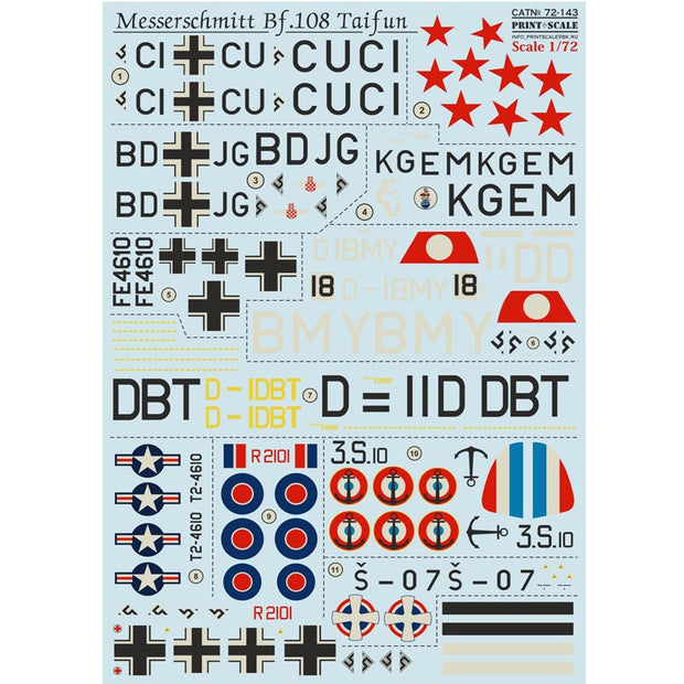 Print Scale 72-143 Decal Messerschmitt Bf 108 Taifun Scale 1:72 for Aircraft Plastic model kit