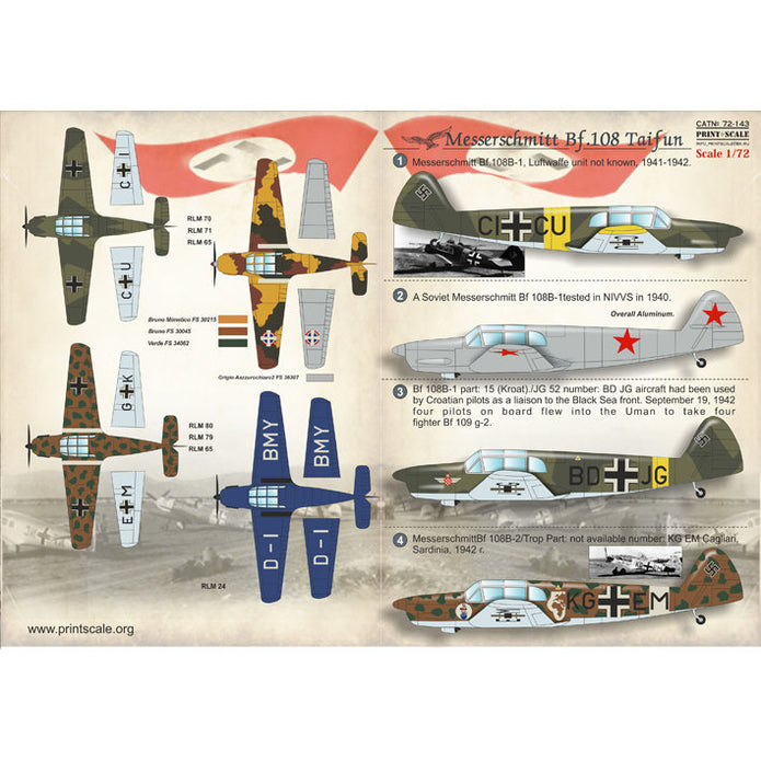 Print Scale 72-143 Decal Messerschmitt Bf 108 Taifun Scale 1:72 for Aircraft Plastic model kit