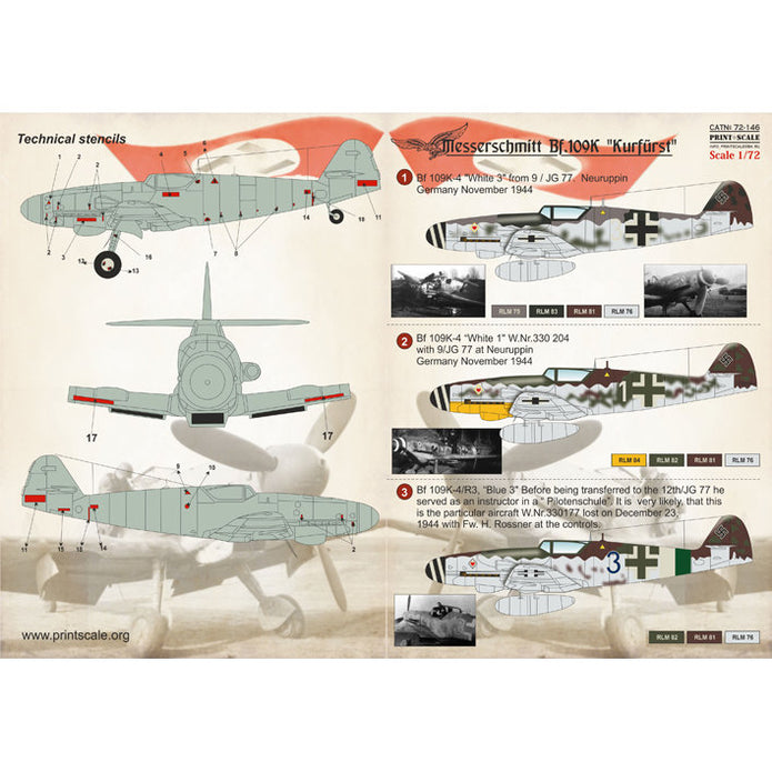 Print Scale 72-146 Decal Messerschmitt Bf 109 K Scale 1:72 for Aircraft Plastic model kit