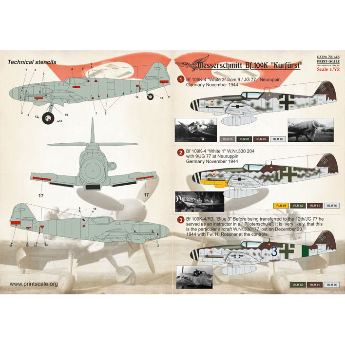 Print Scale 72-146 Decal Messerschmitt Bf 109 K Scale 1:72 for Aircraft Plastic model kit