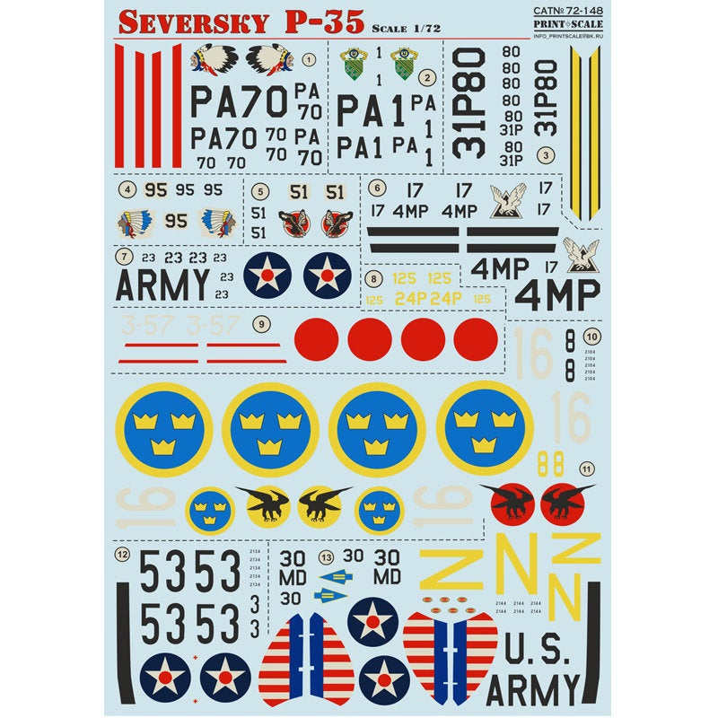 Print Scale 72-148 Decal Seversky P-35 Scale 1:72 for Aircraft Plastic model kit