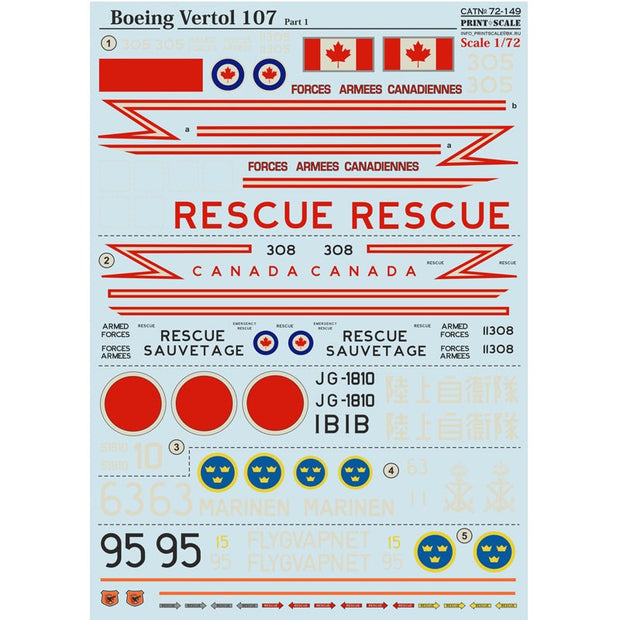 Print Scale 72-149 Decal Boeing-Vertol 107 part 1 Scale 1:72 for Helicopter Plastic model kit