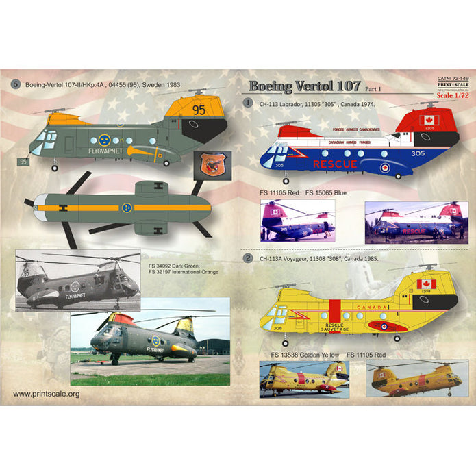 Print Scale 72-149 Decal Boeing-Vertol 107 part 1 Scale 1:72 for Helicopter Plastic model kit