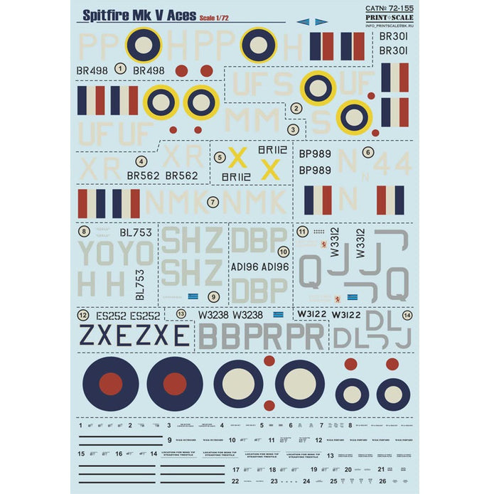 Print Scale 72-155 Decal Spitfire Mk V Аces Scale 1:72 for Aircraft Plastic model kit
