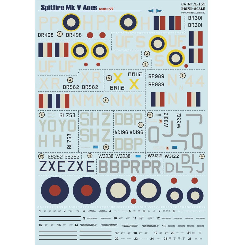 Print Scale 72-155 Decal Spitfire Mk V Аces Scale 1:72 for Aircraft Plastic model kit