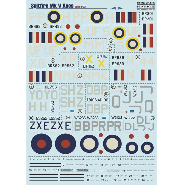 Print Scale 72-155 Decal Spitfire Mk V Top Pilots Scale 1:72 for Aircraft Plastic model kit