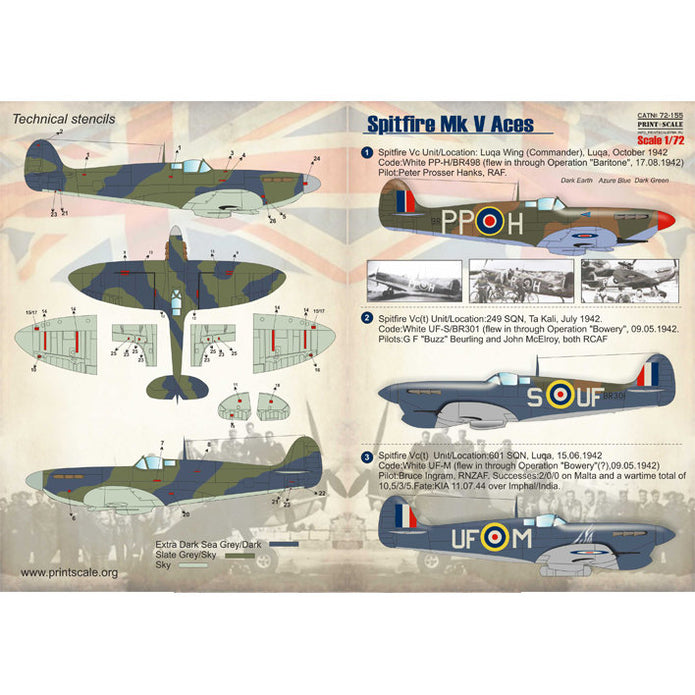 Print Scale 72-155 Decal Spitfire Mk V Аces Scale 1:72 for Aircraft Plastic model kit