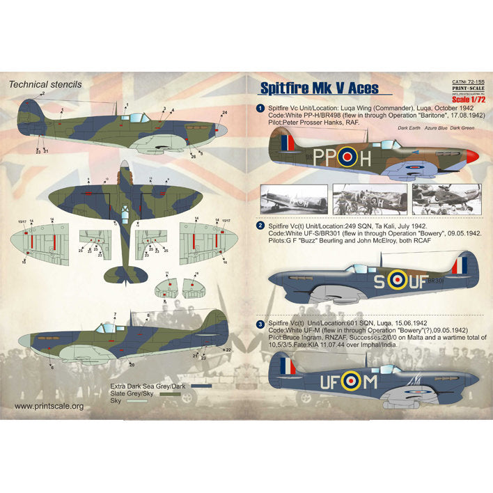 Print Scale 72-155 Decal Spitfire Mk V Аces Scale 1:72 for Aircraft Plastic model kit