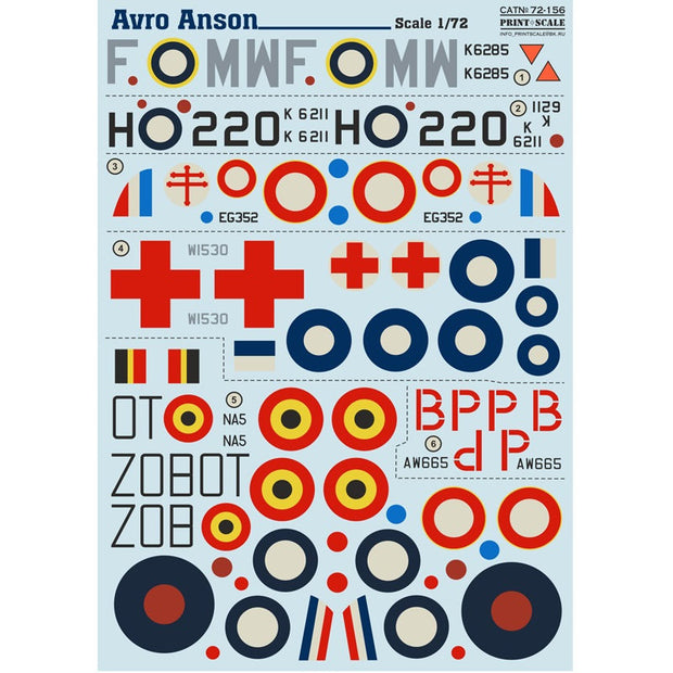 Print Scale 72-156 Decal Avro Anson Scale 1:72 for Aircraft Plastic model kit
