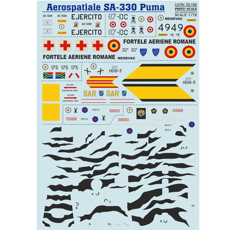 Print Scale 72-162 Decal Aerospatiale SA.330 Puma.The complete set 1.5 leaf Scale 1:72
